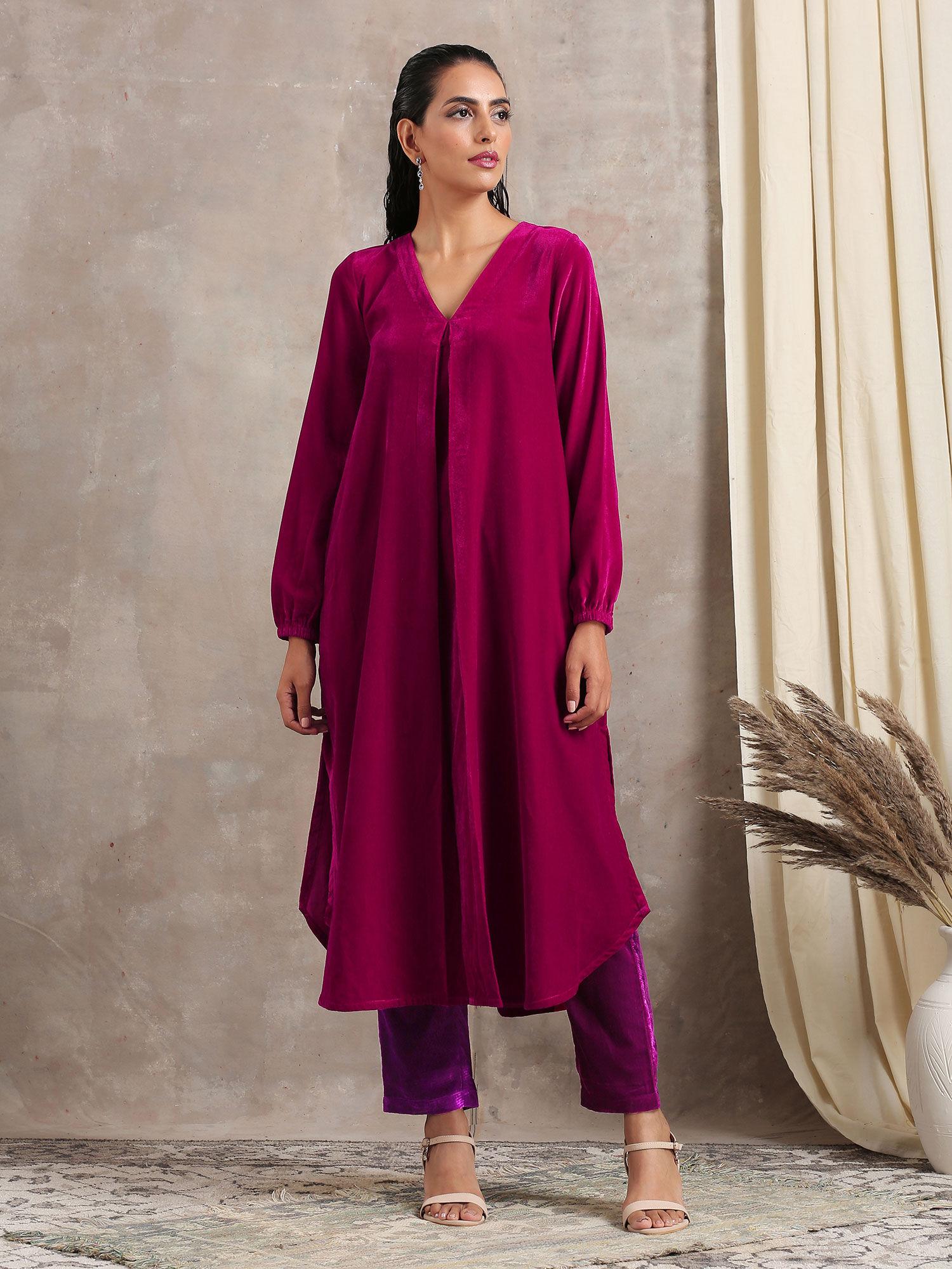 pink velvet pleated kurta