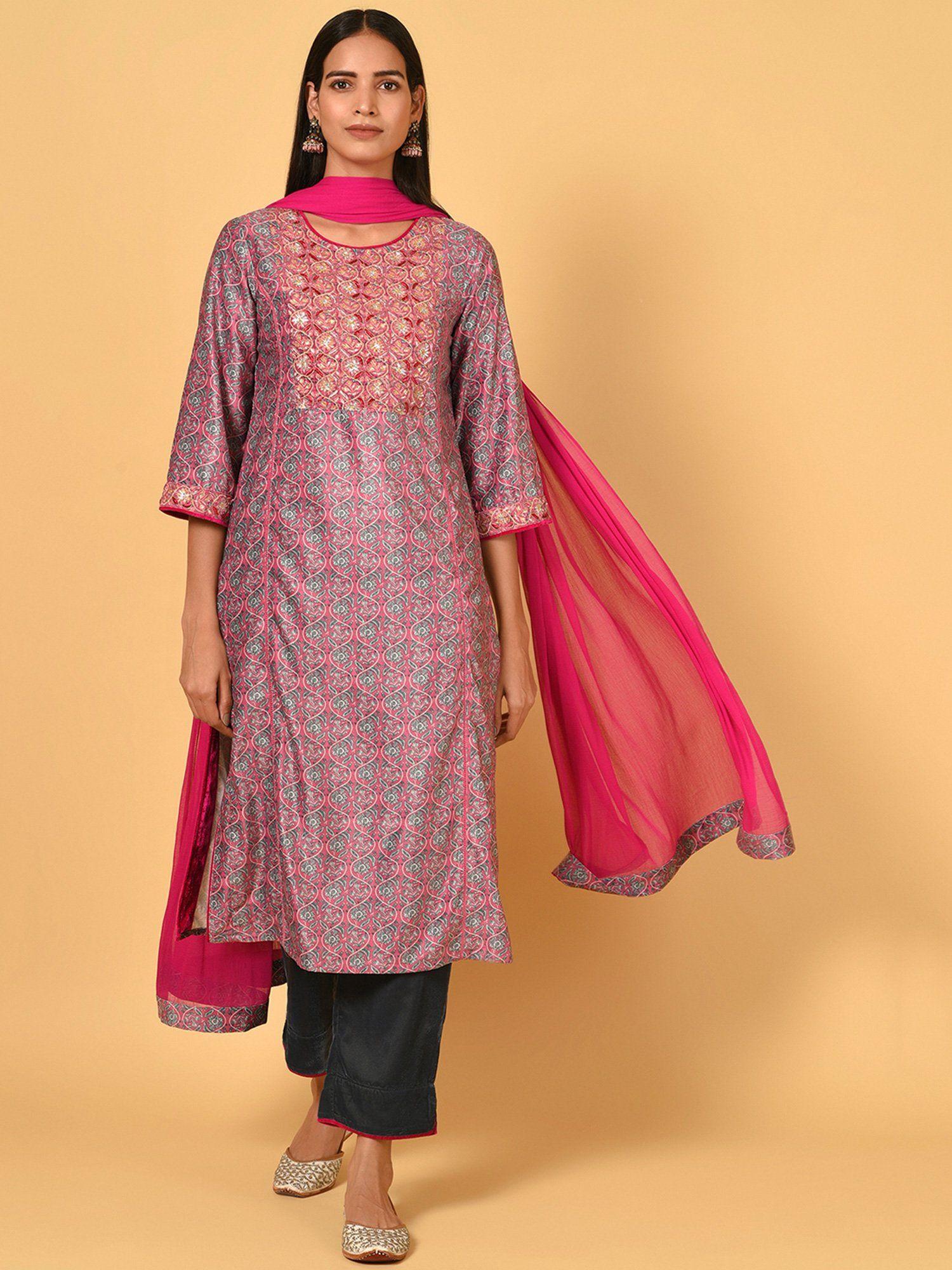 pink velvet printed kurta with pant & dupatta (set of 3)