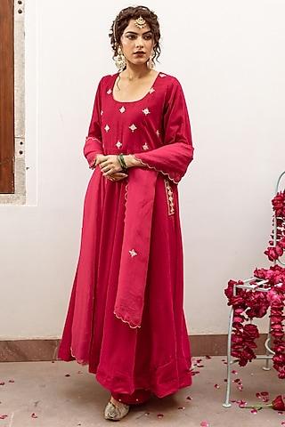 pink velvet zardosi & marori embroidered hand-dyed kurta set