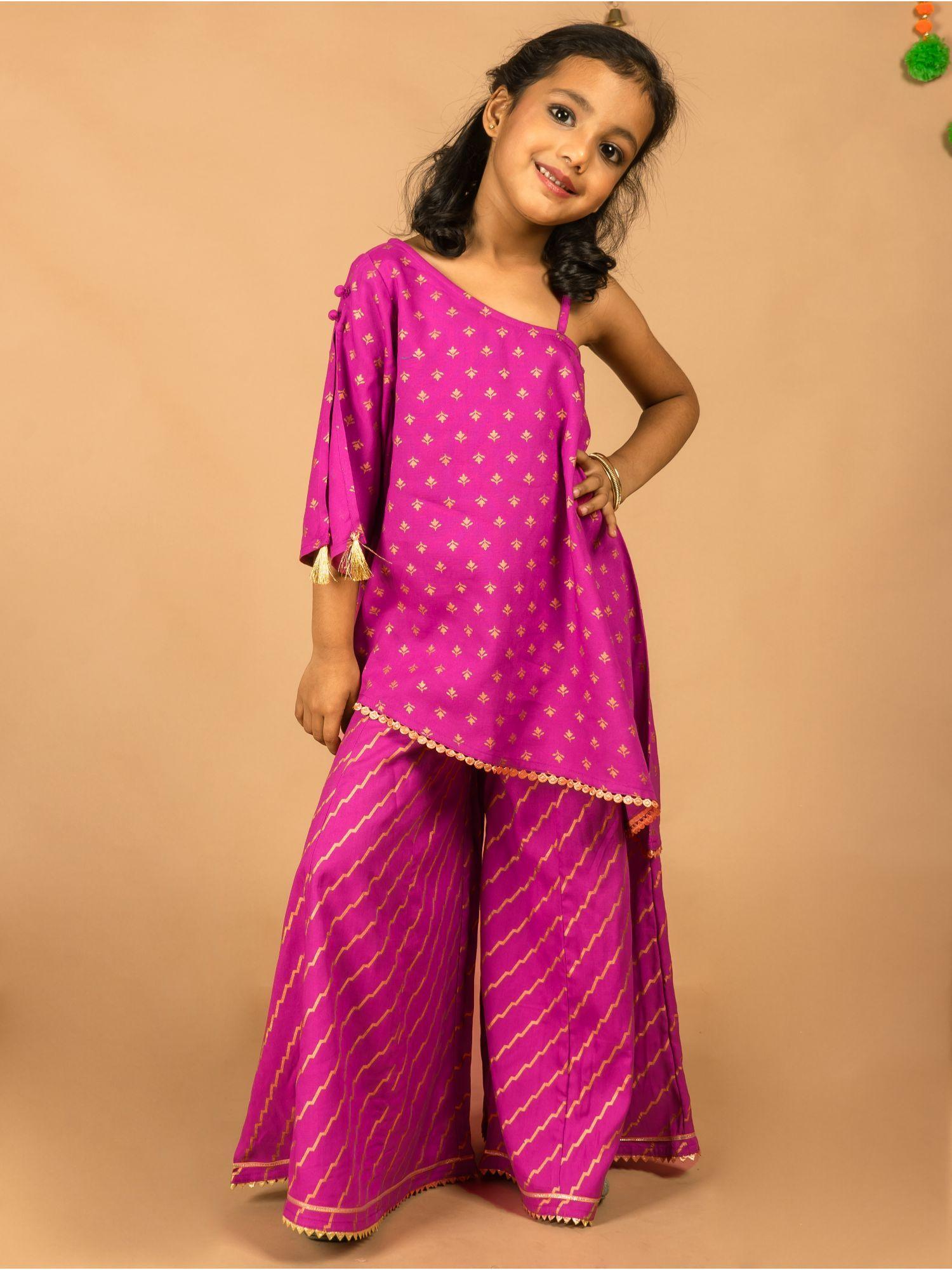 pink viscose asymmetrical flared top with palazzo (set of 2)