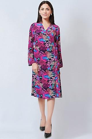 pink viscose crepe printed wrap dress