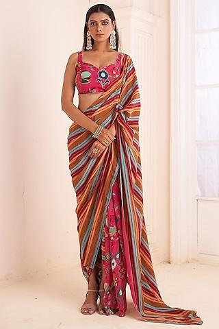 pink viscose crepe striped saree set