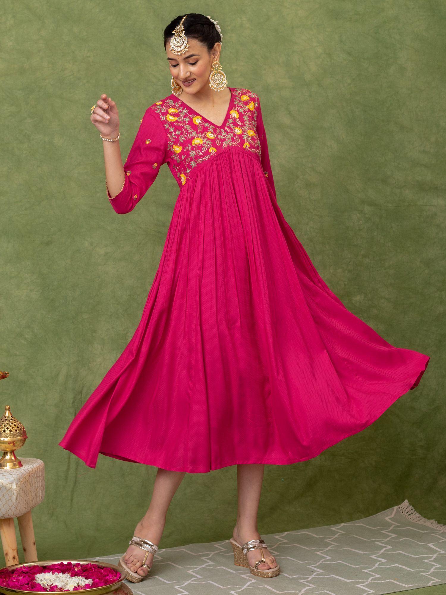 pink viscose dobby floral embroidered a-line dress