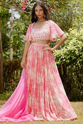 pink viscose georgette digital printed kalidar lehenga set