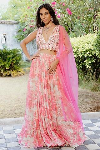 pink viscose georgette digital printed kalidar lehenga set