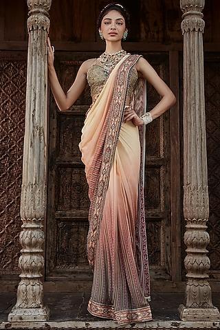 pink viscose georgette ombre pre-draped saree set