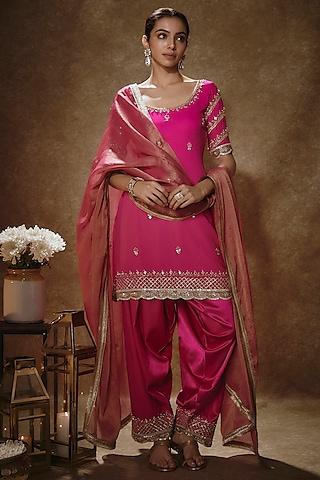 pink viscose georgette pearl embroidered kurta set