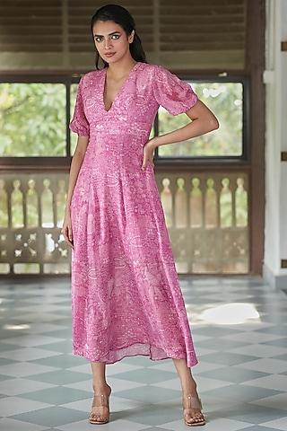 pink viscose georgette printed plunge midi dress