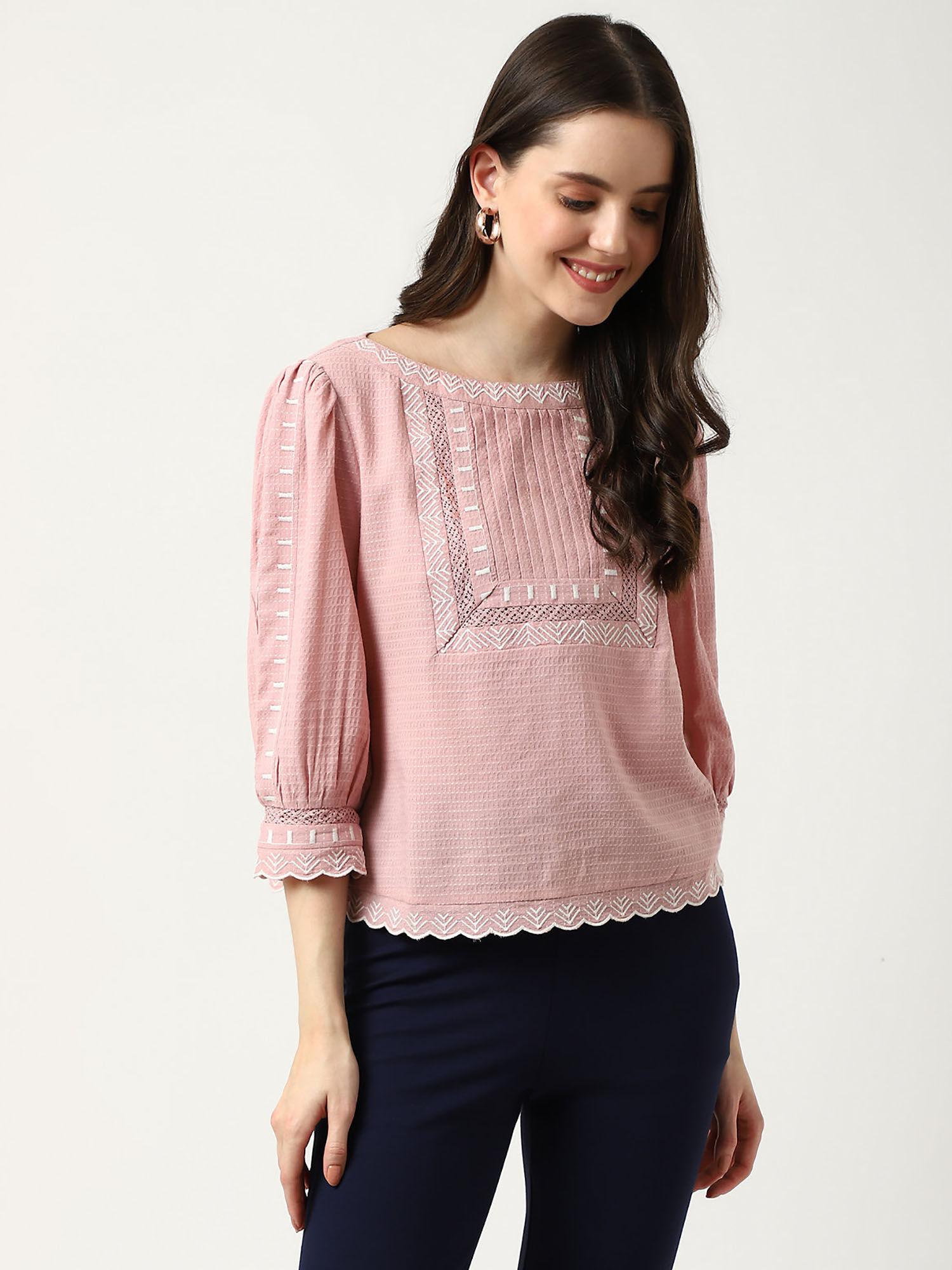 pink viscose mix embroidered round neck top