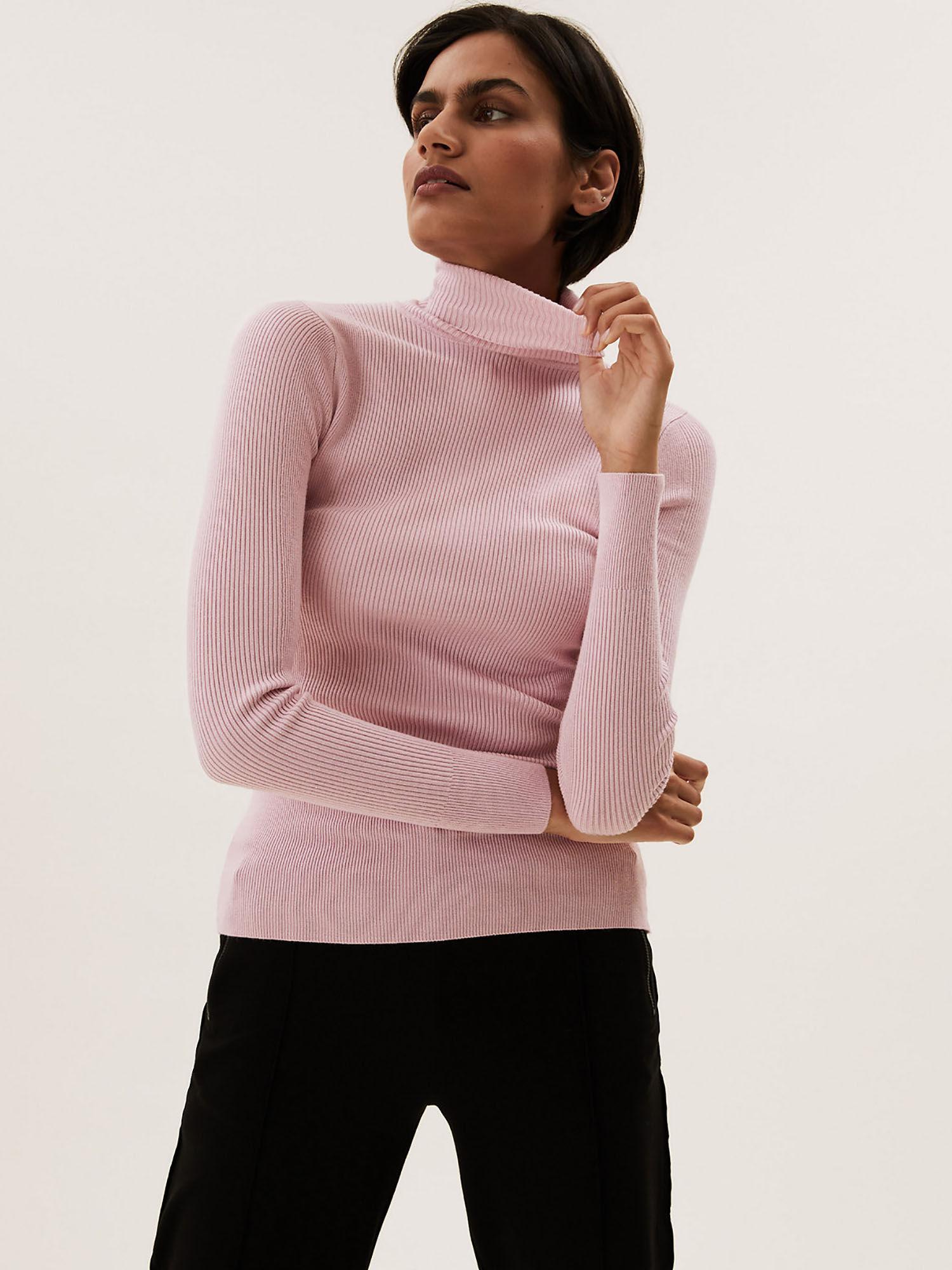 pink viscose mix knitted high neck sweater