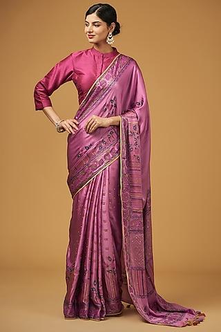 pink viscose modal silk floral printed saree set