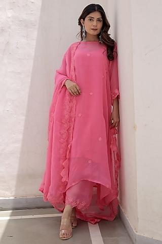 pink viscose organza embroidered kurta set