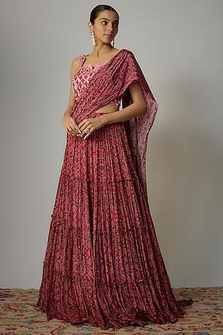 pink viscose printed & embellished draped lehenga set