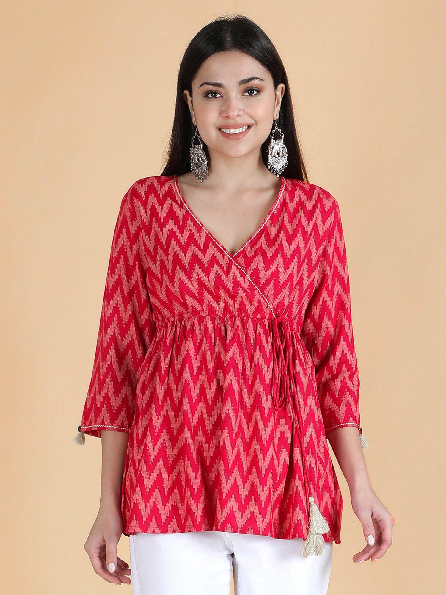 pink viscose printed short angrakha top