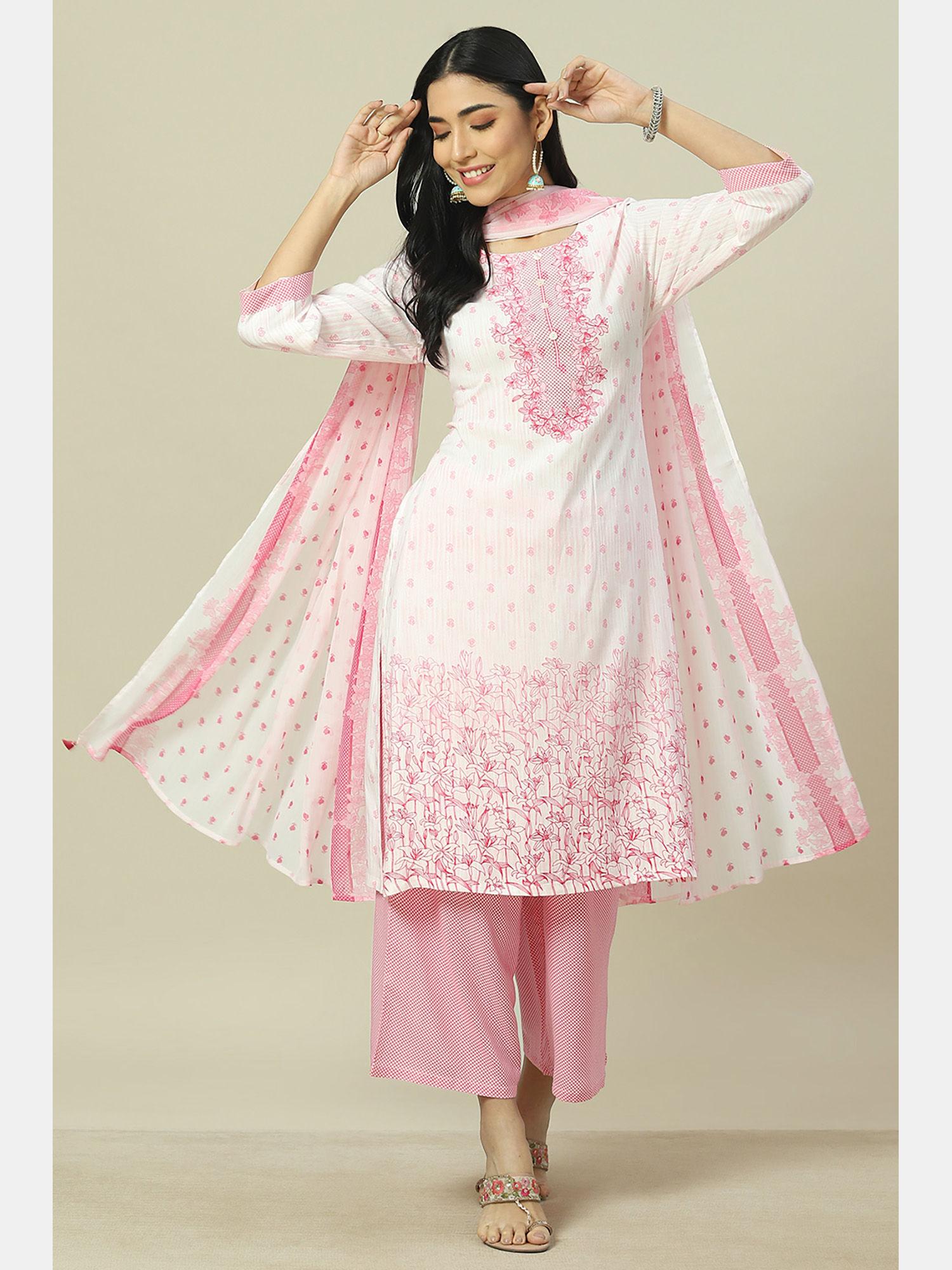 pink viscose printed straight kurta & palazzo (set of 3)