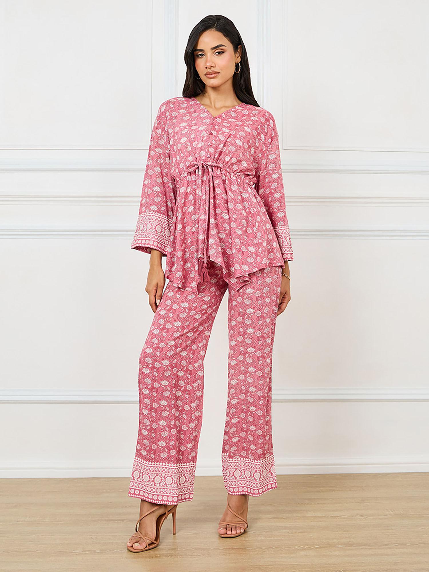 pink viscose rayon asymmetric hem all over print co-ord (set of 2)