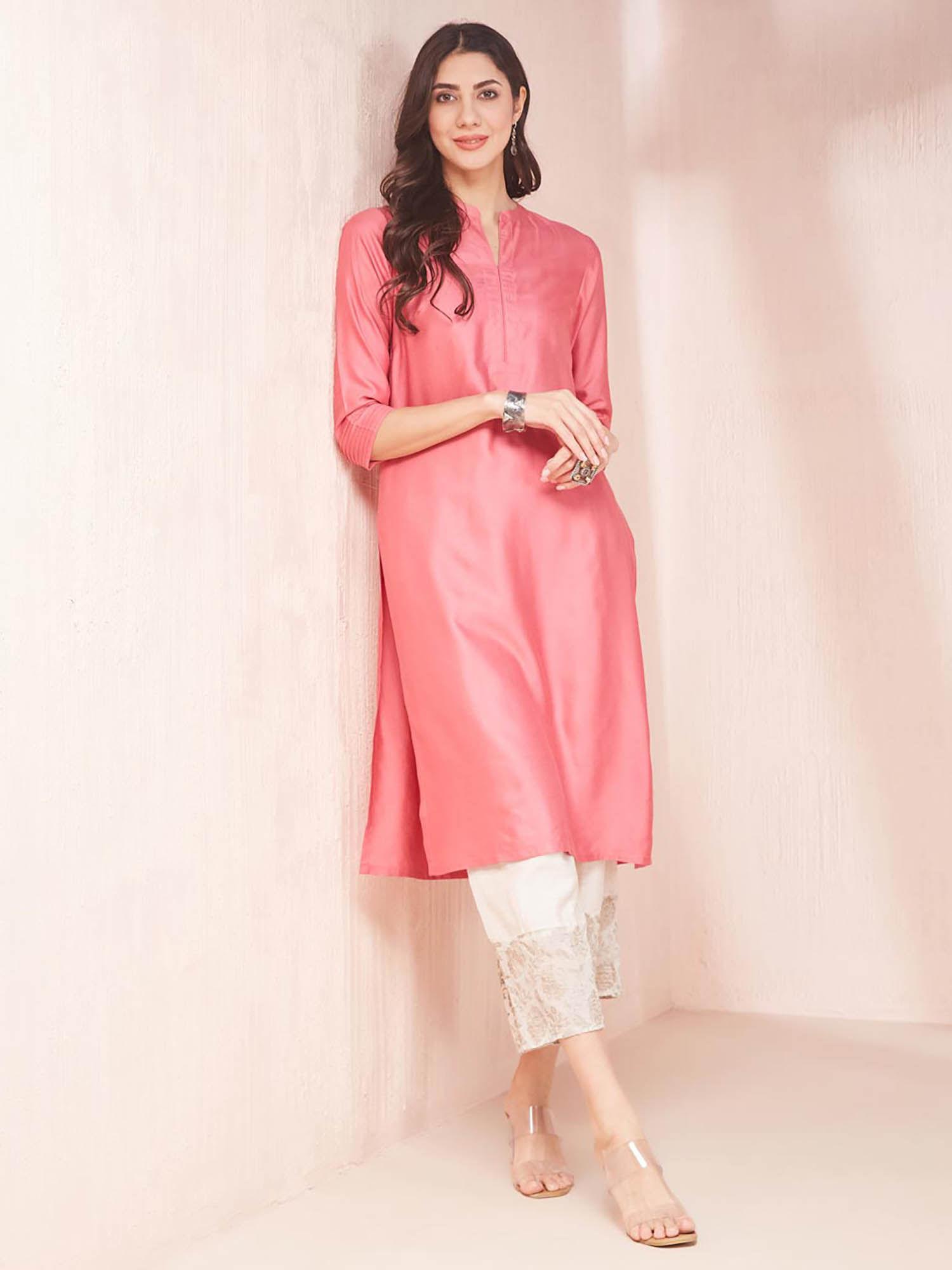 pink viscose silk calf length long kurta