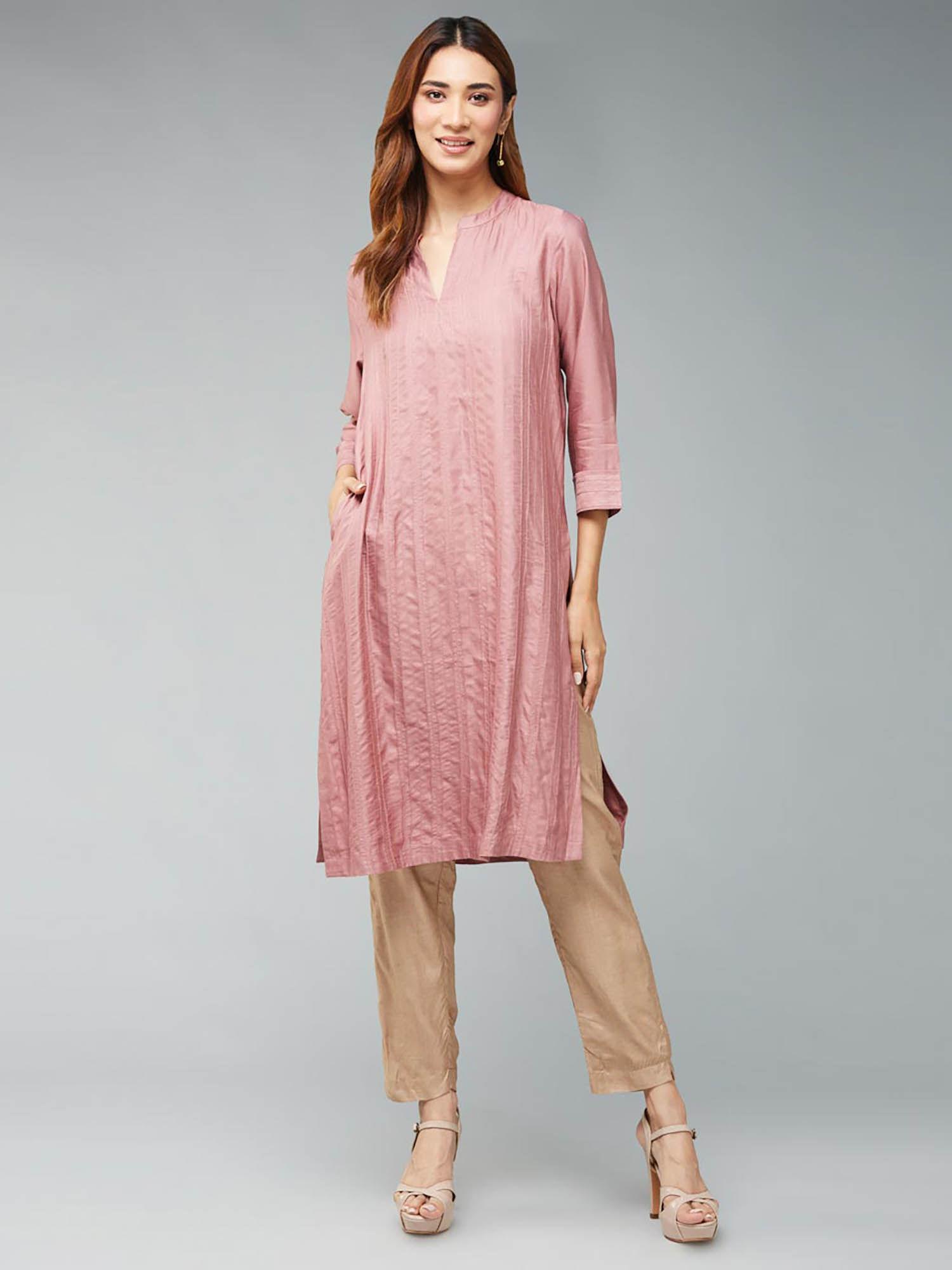 pink viscose silk embroidered knee length kurta