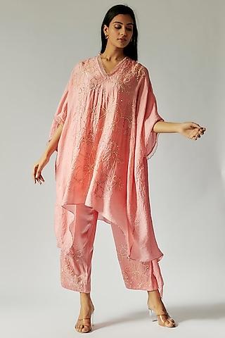 pink viscose silk floral embroidered kurta set