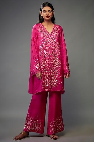 pink viscose silk floral sequins embroidered kurta set