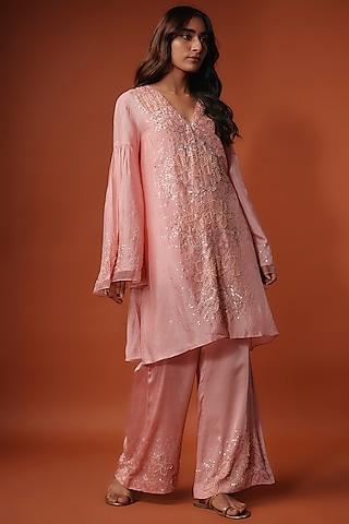 pink viscose silk floral sequins embroidered kurta set