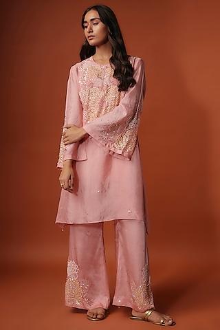 pink viscose silk floral sequins embroidered kurta set