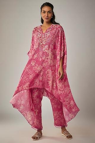 pink viscose silk printed & sequin embroidered kurta set
