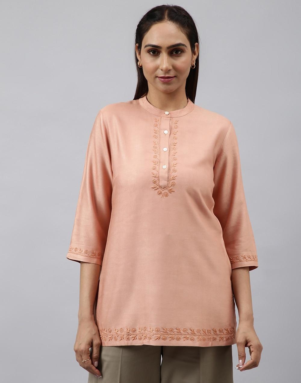 pink viscose silk thigh length short kurta