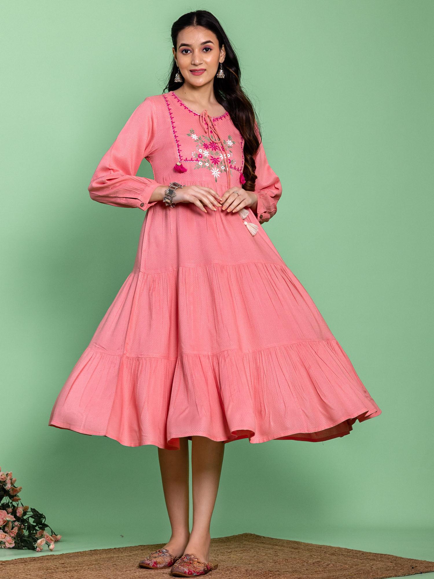 pink viscose tiered flared dress