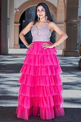 pink viscose tulle embellished ruffled gown