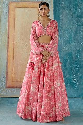 pink viscose tussar printed lehenga set