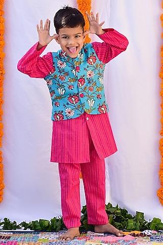 pink weaved cotton kurta set with bundi jacket for boys