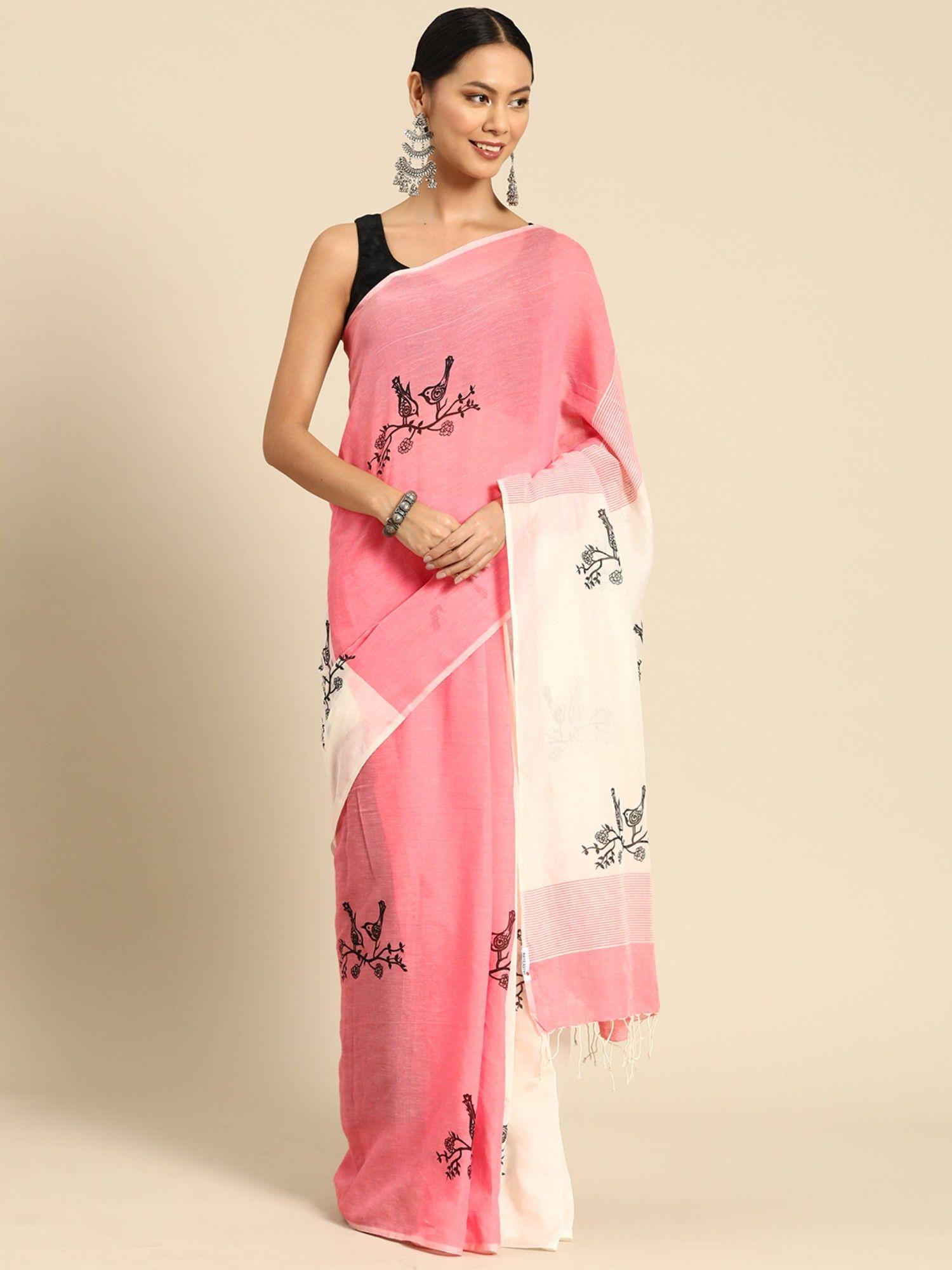 pink white cotton printed saree without blouse