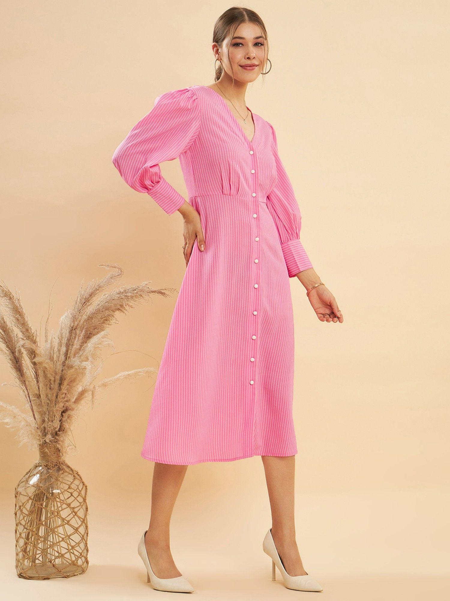 pink white v-neck a-line midi dress