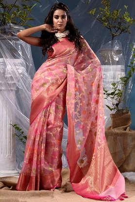 pink with gold zari woven organza silk saree with beautiful floral weave tilfi meena work pattern with blouse piece - pink