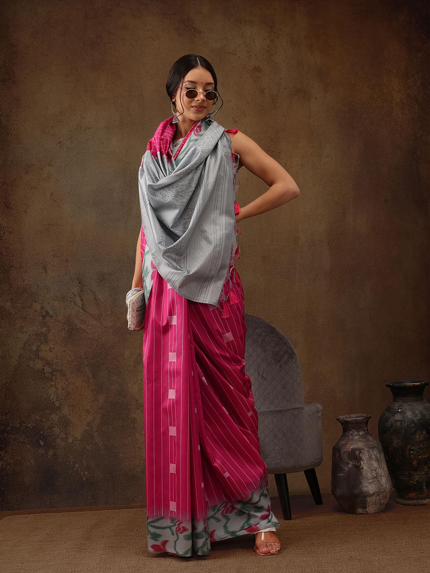 pink women's soft silk printed saree with tassels with unstitched blouse