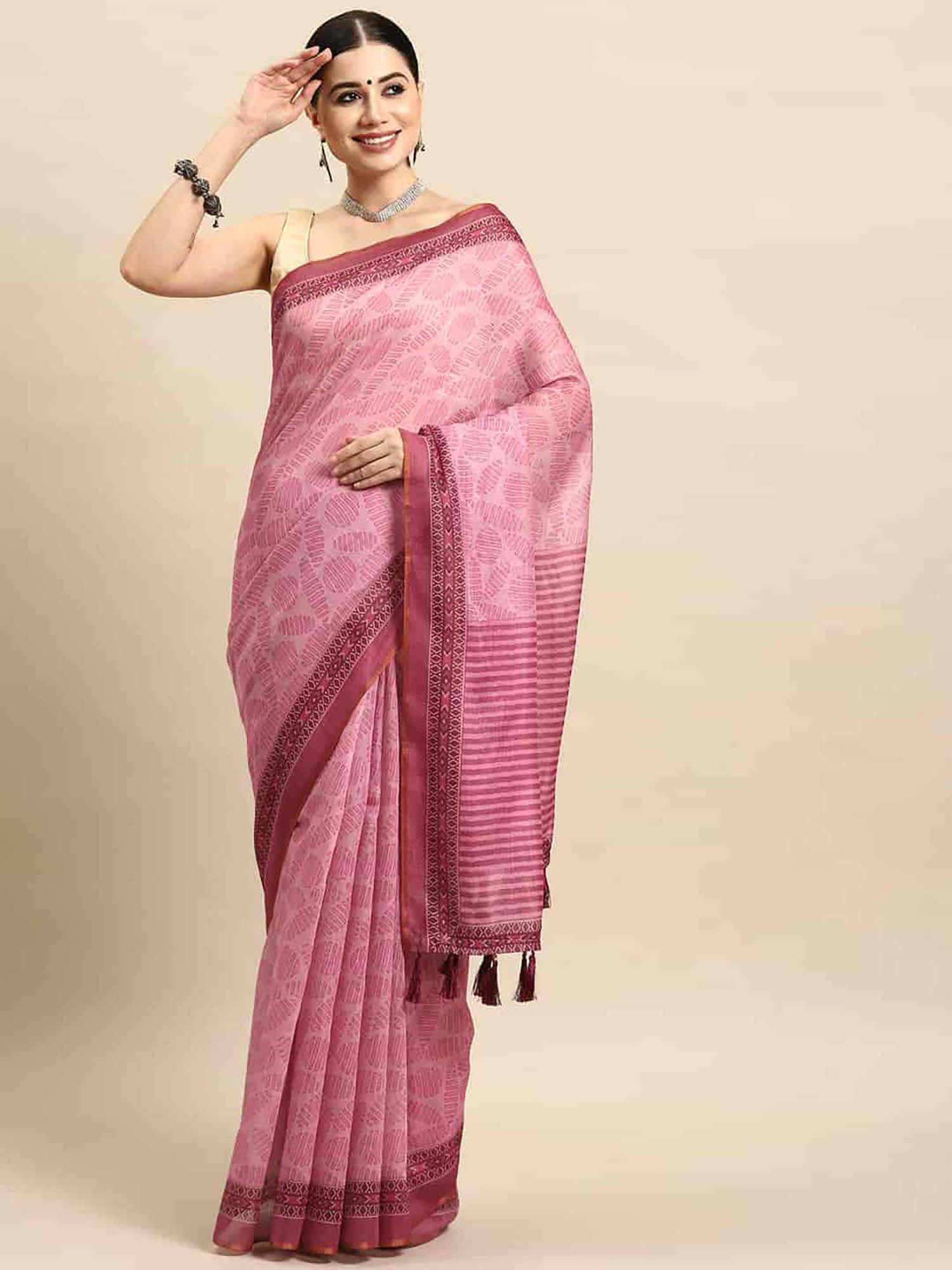 pink women block print saree with unstitched blouse