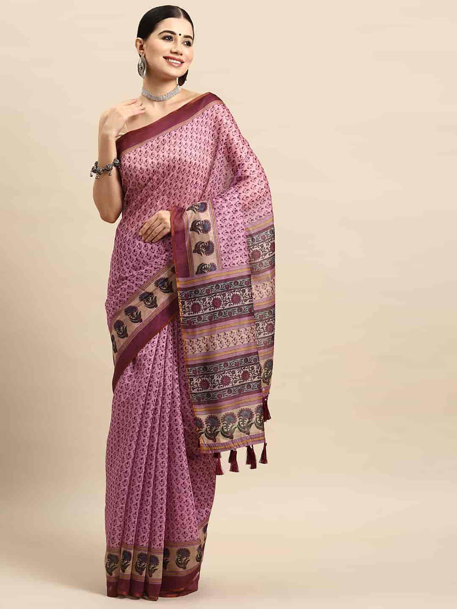 pink women block print saree with unstitched blouse