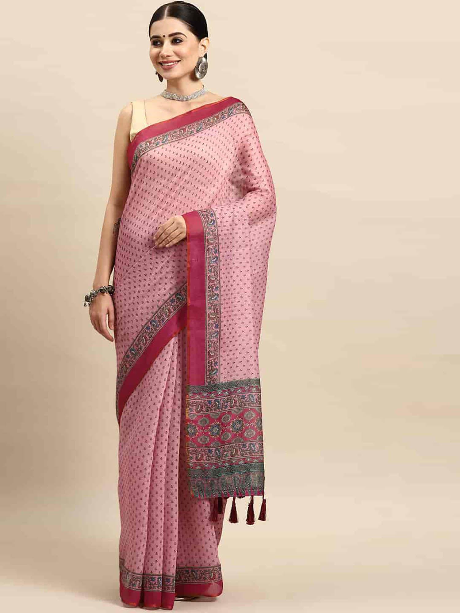 pink women block print saree with unstitched blouse