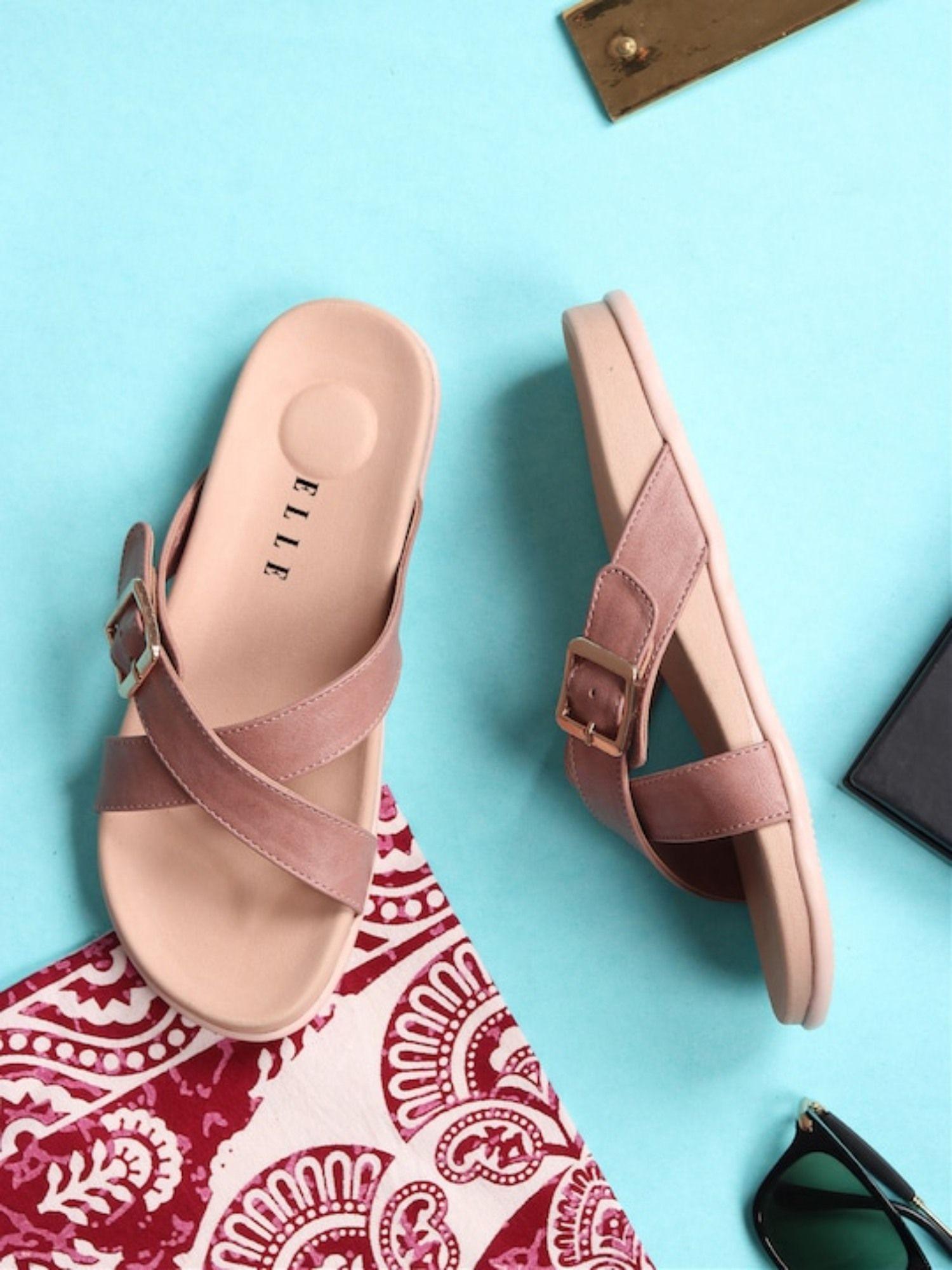 pink women buckle flats