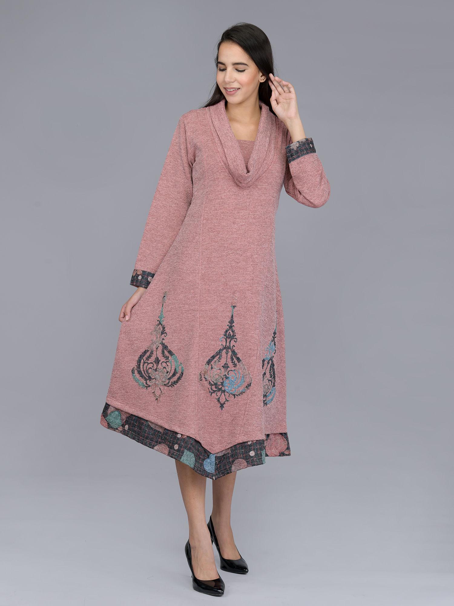 pink woollen kurti with patchwork