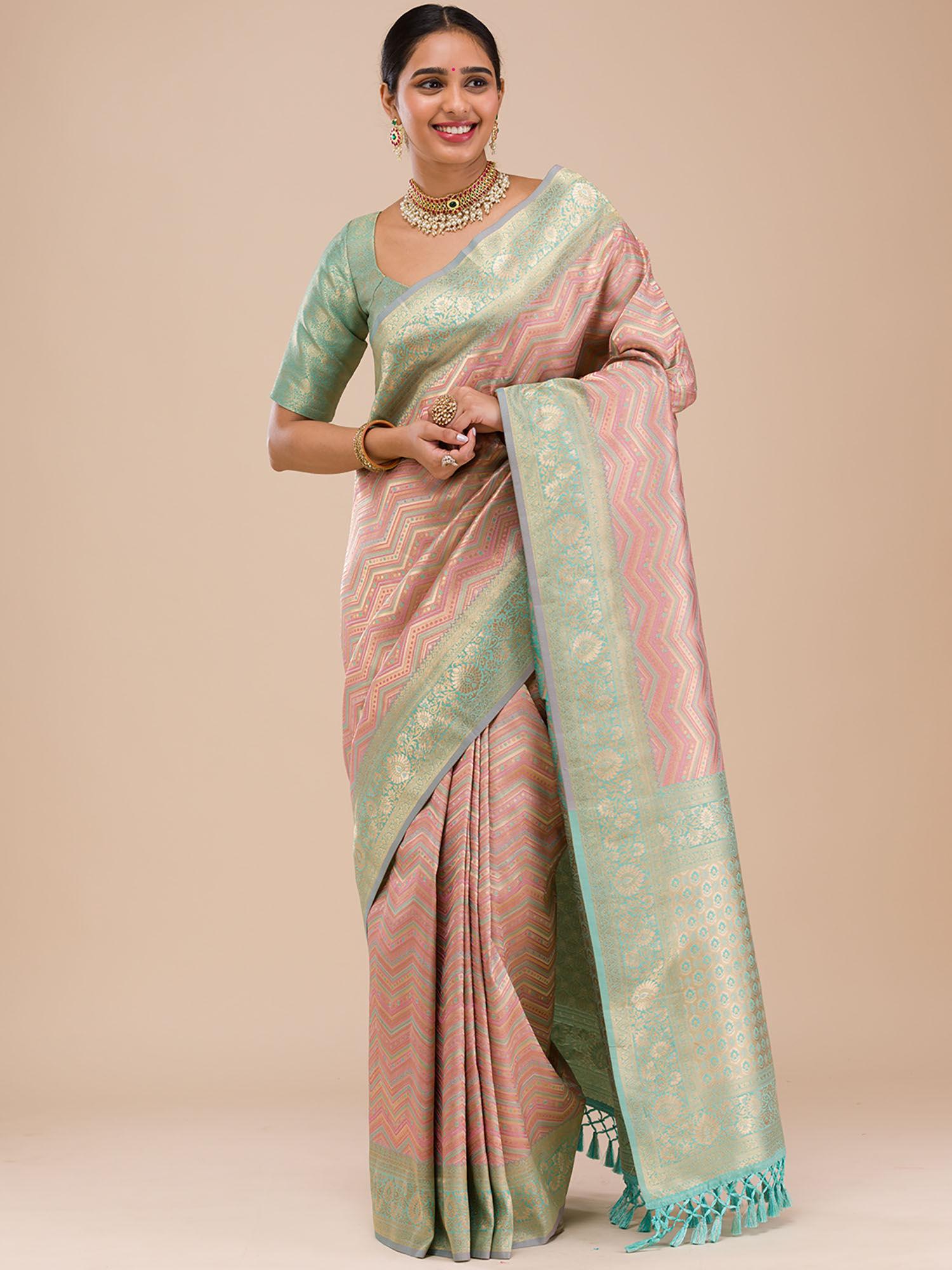 pink woven- zari work silk saree with unstitched blouse