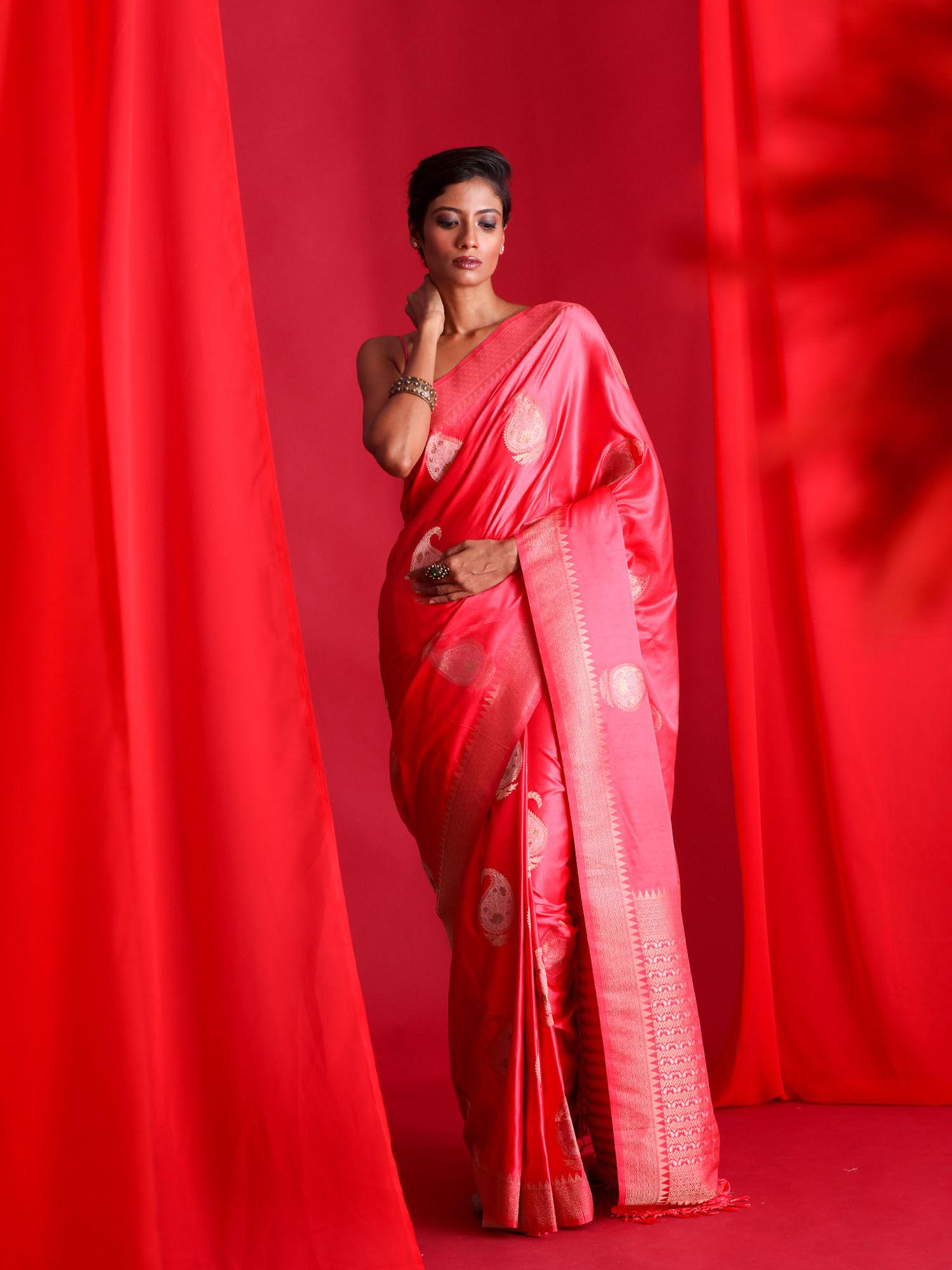 pink woven banarasi saree with unstitched blouse