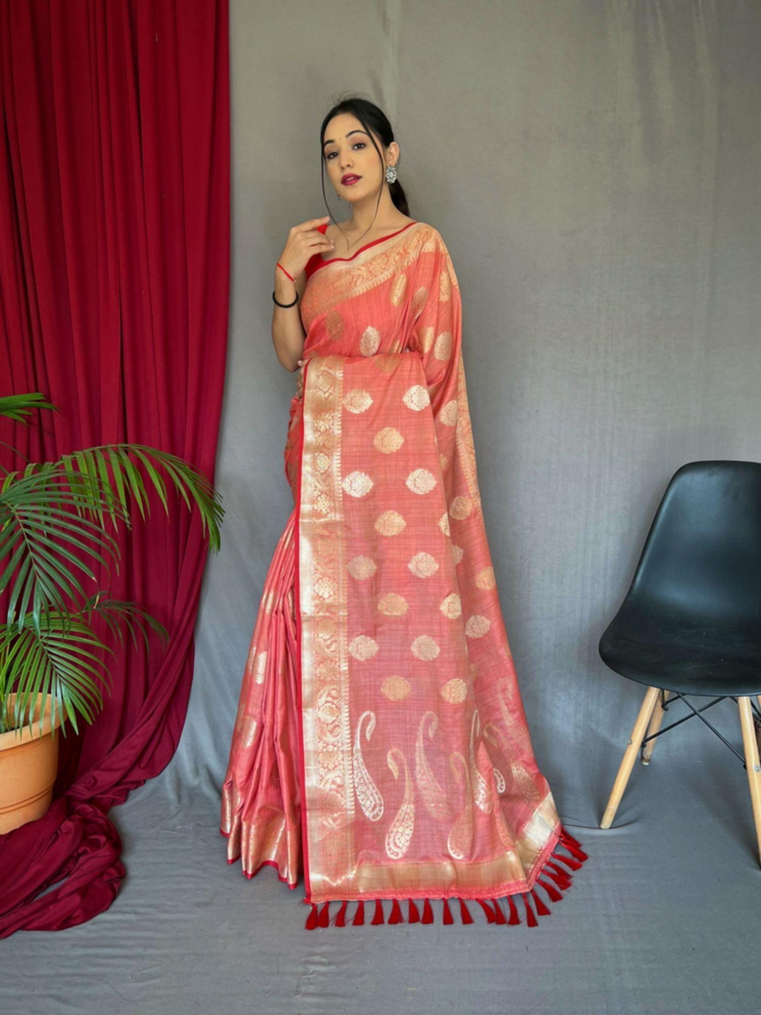 pink woven cotton linen saree with unstitched blouse