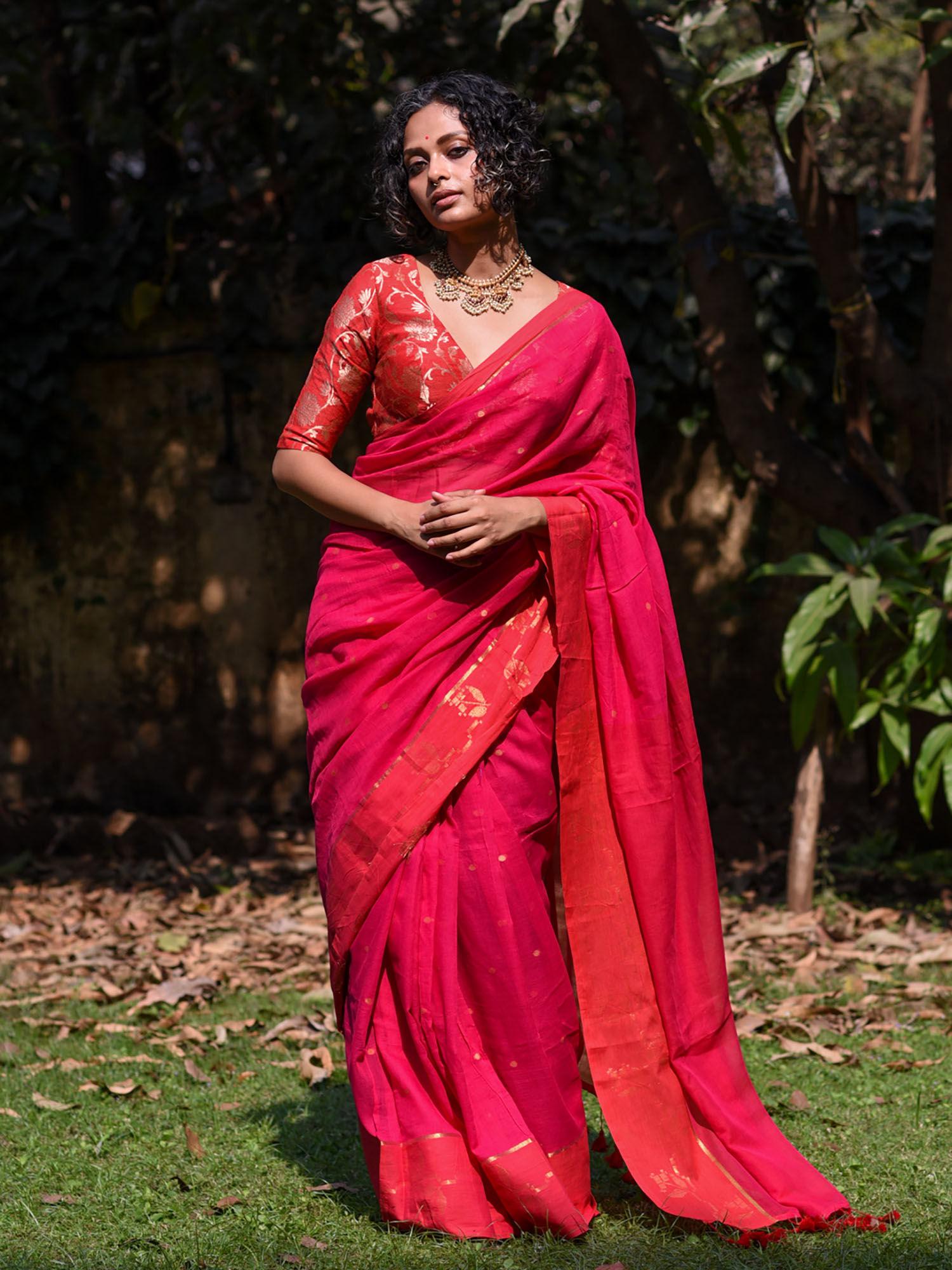 pink woven design pure cotton saree