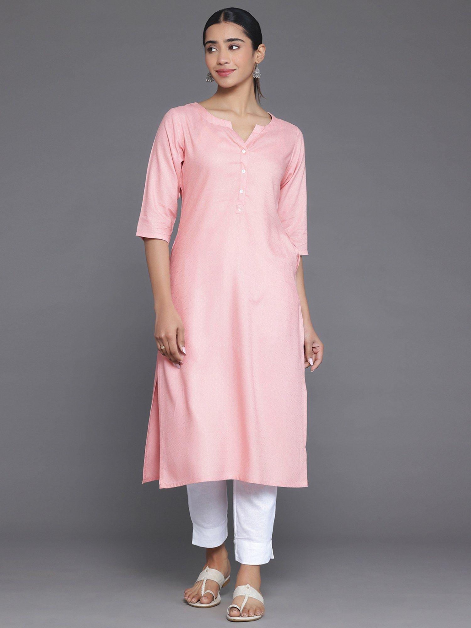 pink woven design viscose rayon kurta with pocket