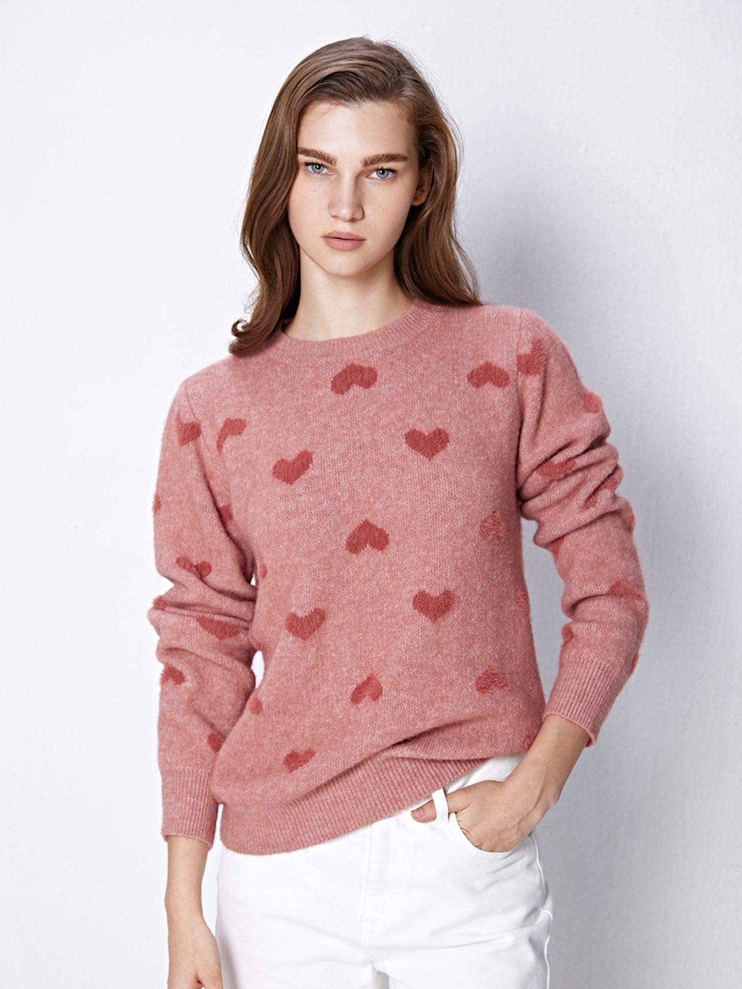 pink woven full sleeves round neck sweater