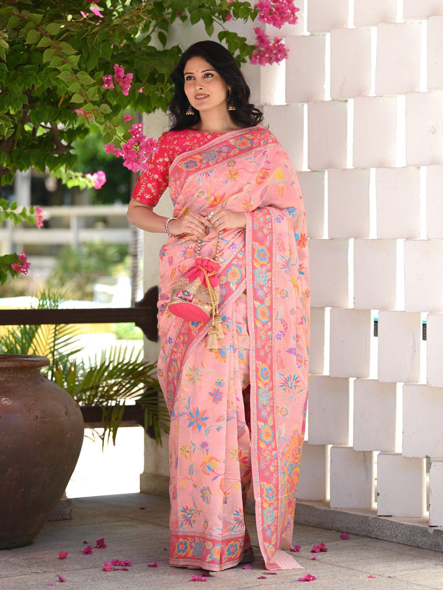 pink woven kashmiri design saree with unstitched blouse