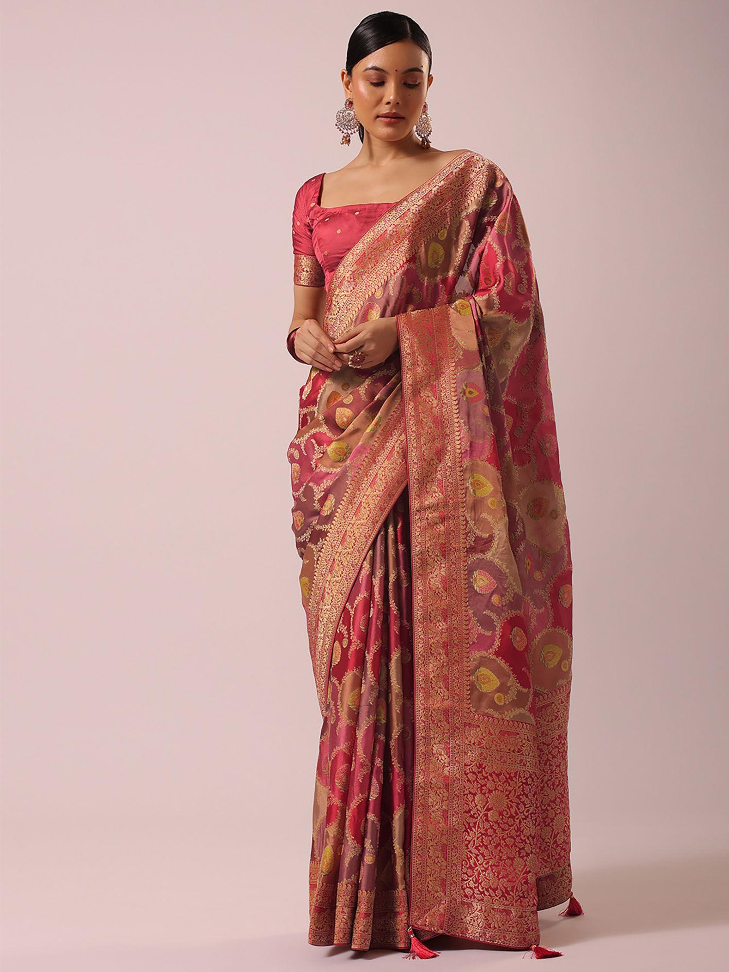 pink woven rungkat satin saree with unstitched blouse