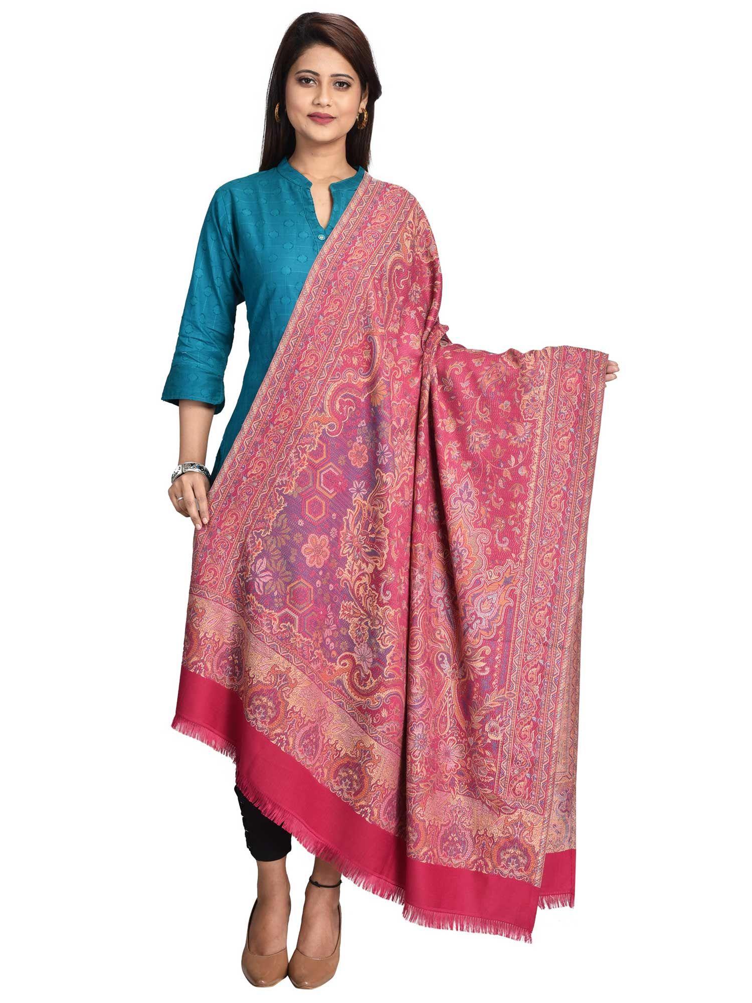 pink woven shawl in wool blended fabric & jamawar pattern in staple thread
